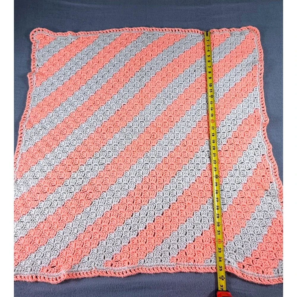 Handmade Crochet Afghan Coral Gray Diagonal Stripe Throw Baby‎ Blanket Square